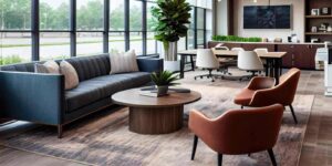 modern, minimalist office with ergonomic commercial millwork furniture and a dynamic view