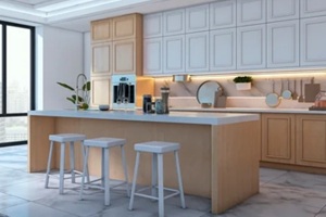 modern kitchen interior with light wood cabinets and island in high-rise building
