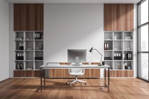 light office interior with armchair and table, cabinet and panoramic window
