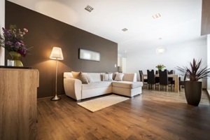 modern living room with kitchen