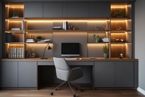 sleek and modern home office with wall-mounted modular storage featuring concealed cabinets and open shelves